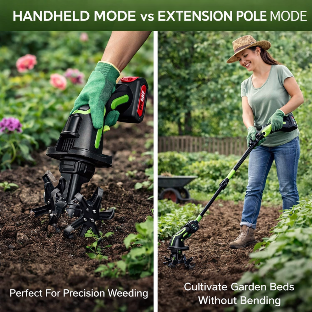 TurfVolt - 3 - IN - 1 Cordless Tiller & Cultivator with Extension Pole - OneTapWireless
