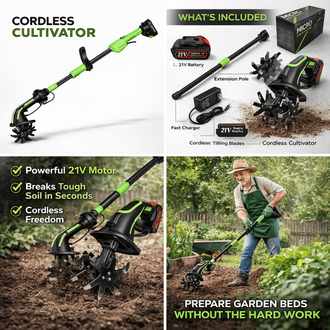 TurfVolt - 3 - IN - 1 Cordless Tiller & Cultivator with Extension Pole - OneTapWireless